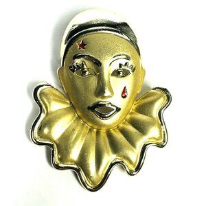 VTG Pierrot Clown Brooch Pin Harlequin Satin Gold Tone Red Star & Tear 2 1/2”